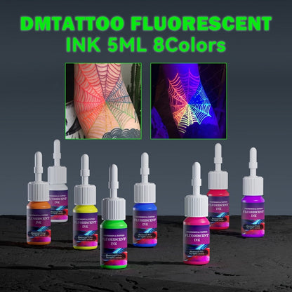 Tattoo Ink DMTATTOO UV Blacklight Set with Eight 5ml Bottles in White, Red, Orange, Green, Yellow, Purple, Blue and Pink