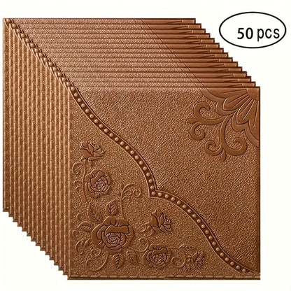 Fifty-Piece Embossed Floral-Curve Wall Tile Sticker Set with 35 cm Square Panels in Four Colors