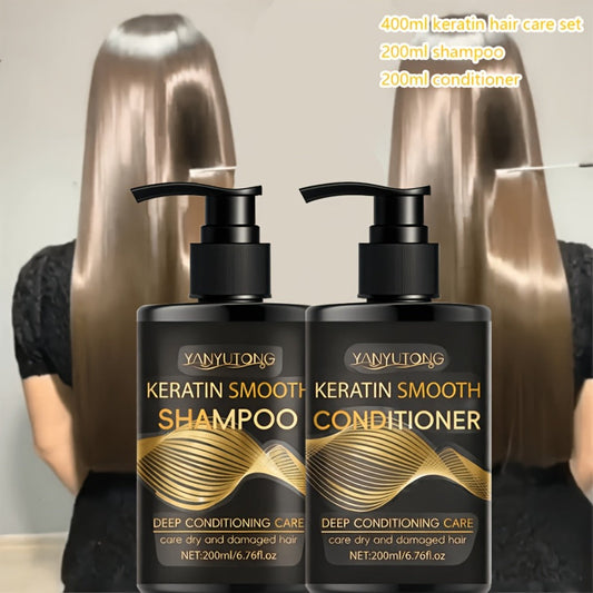Keratin Shampoo and Conditioner Set Repairs Breakage Split Ends Moisturizes Scalp for Color-Treated Heat Damaged Dry Frizzy Hair All Hair Types Women Men 200ml Each