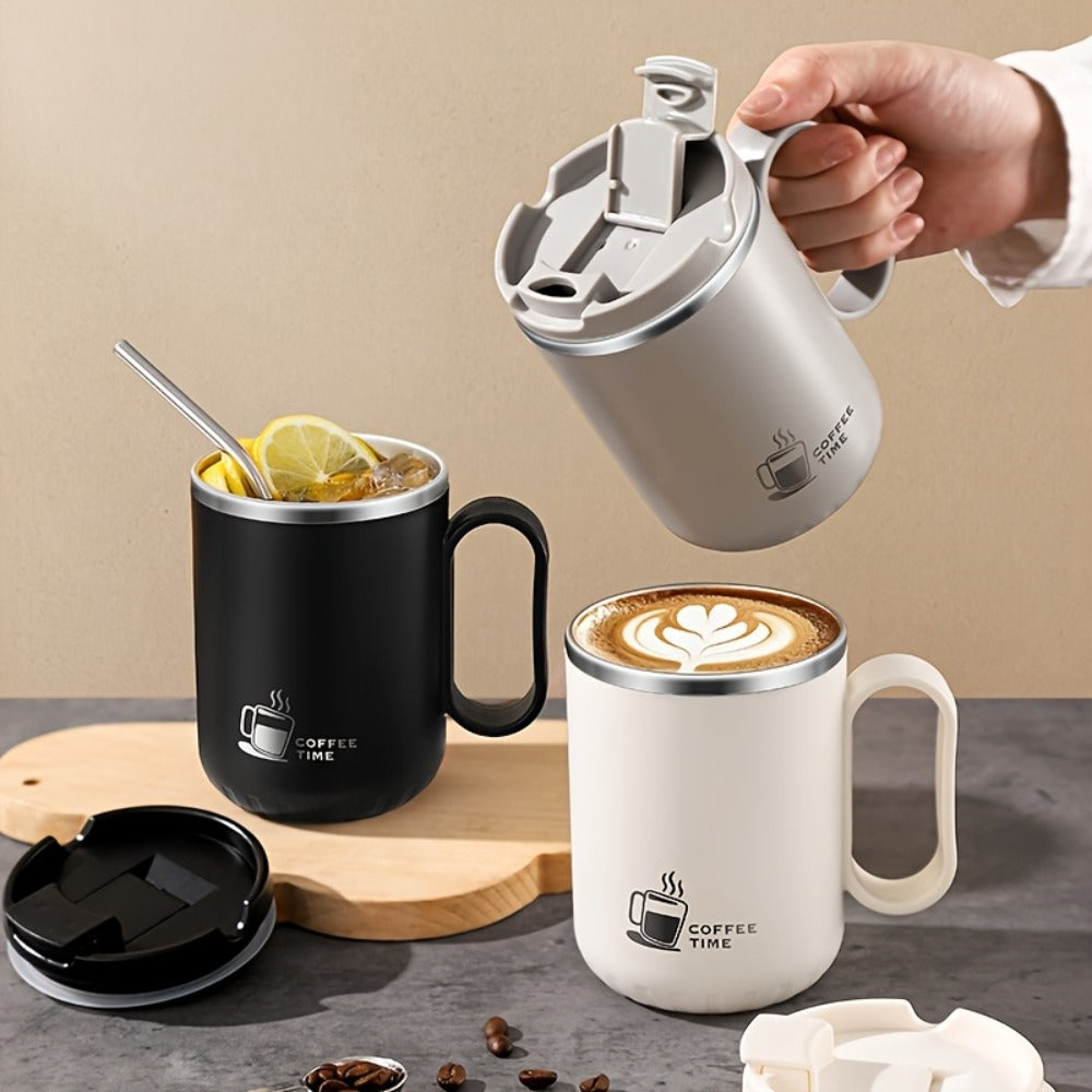 500ml Covered Stainless Steel Coffee Travel Mug with Handle in White, Black, Red, Grey or Brown