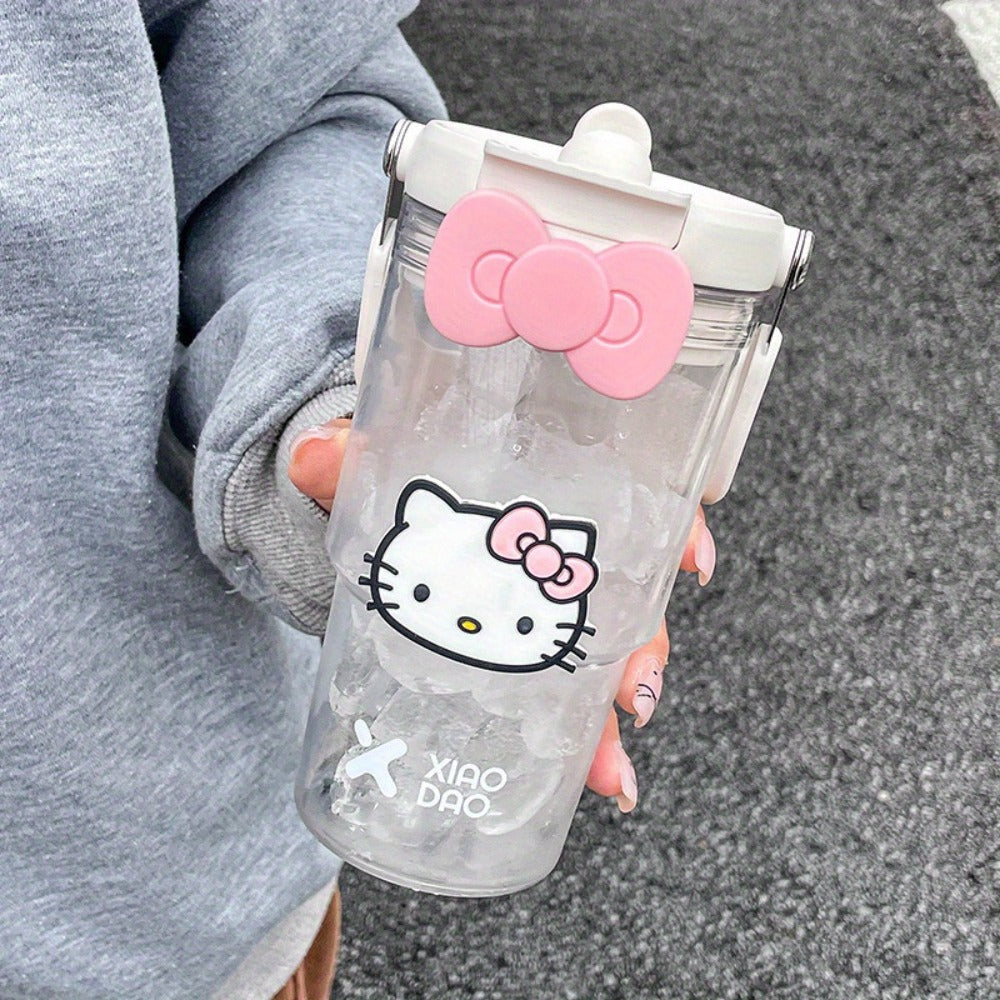 Hello Kitty Water Bottle with Straw 30 Oz – Large Capacity Cartoon Tumbler for Women & Girls – Portable Outdoor Sports Cup with Bow & Sticker – Cute Kawaii Plastic Drinkware Gift