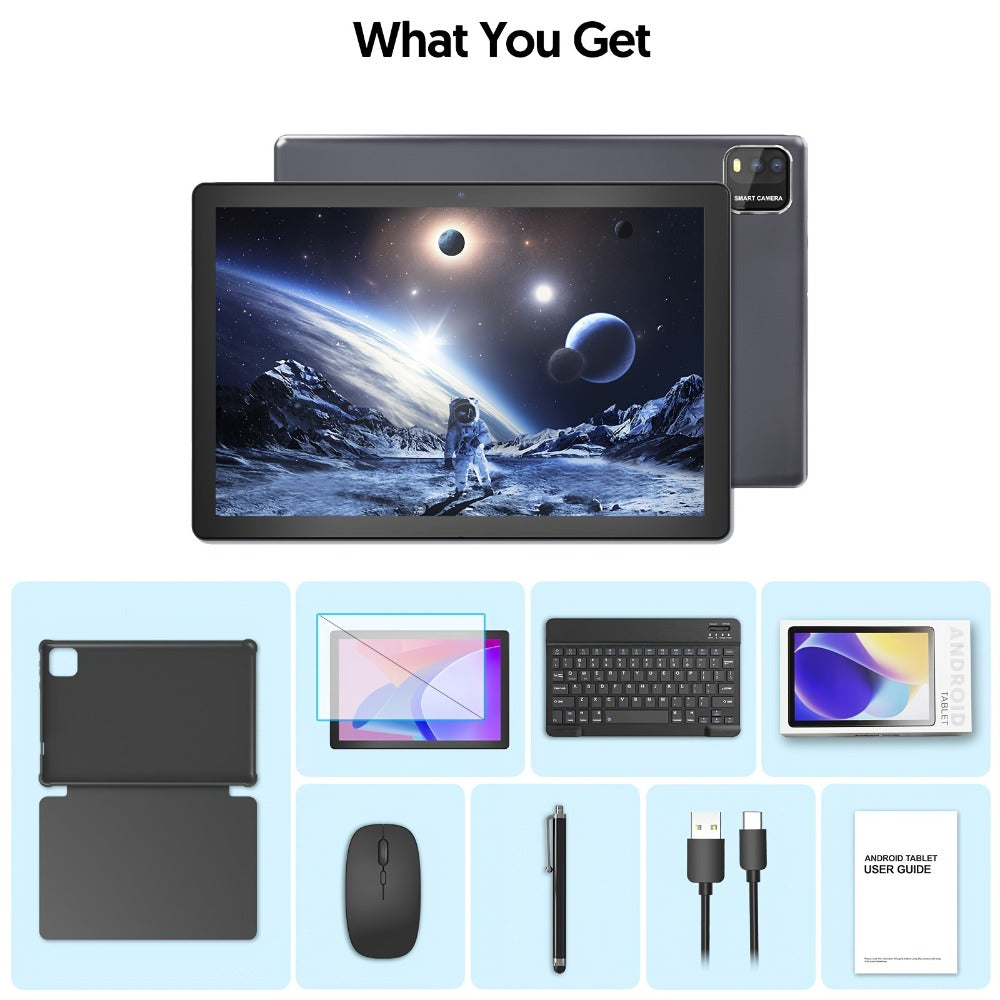 10 Inch 2-in-1 Android 14 Tablet with Keyboard Mouse Stylus – 6GB RAM 64GB ROM 1TB Expandable, WiFi 6, 6000mAh Battery, Quad-Core, Dual Camera, GMS Certified Tablet PC
