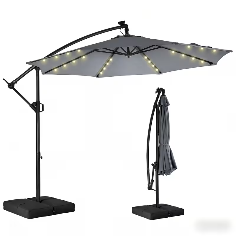 Solar Patio Umbrella 10FT Offset Cantilever LED Lights UPF50+ UV