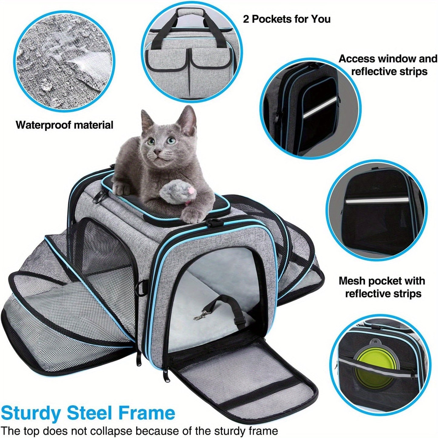 Airline Approved Expandable Pet Carrier Bag | Soft-Sided Polyester Travel Tote for Small Dogs & Cats, Removable Fleece Pad, Reflective Strips, Steel Frame, Top & Side Entry, Small & Large Size