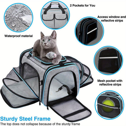 Airline Approved Expandable Pet Carrier Bag | Soft-Sided Polyester Travel Tote for Small Dogs & Cats, Removable Fleece Pad, Reflective Strips, Steel Frame, Top & Side Entry, Small & Large Size