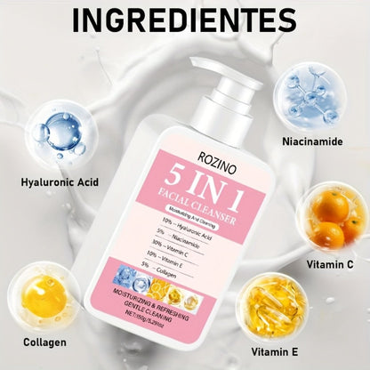 Brightening Face Wash 5-in-1 with Hyaluronic Acid Niacinamide Vitamin C Vitamin E & Collagen - Rich Foam Deep Cleansing Moisturizing Glow Facial Cleanser for Women 150g