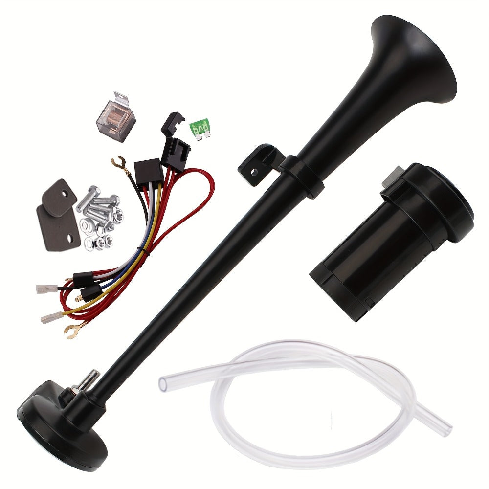 Air Horn Kit for Trucks – Super Loud 18" Single Trumpet Train Horn with Compressor, 12V/24V Universal Fit for Truck, Car, SUV, Jeep – Chrome & Black