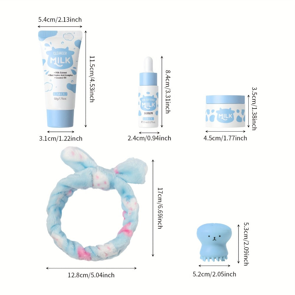Skincare Set with LAIKOU Label, 5 Milk Items with 50g Cleanser 17ml Serum 25g Cream Brush and Headband