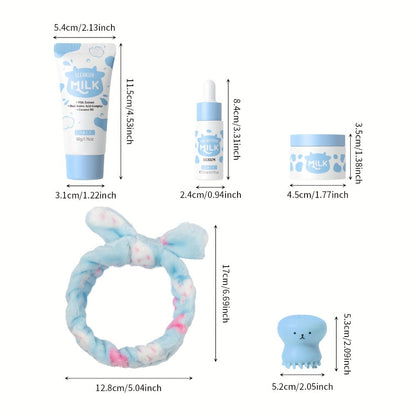 Skincare Set with LAIKOU Label, 5 Milk Items with 50g Cleanser 17ml Serum 25g Cream Brush and Headband
