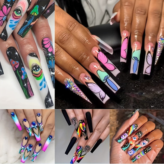 Cosmic Eyes Press On Nails 120pcs Extra Long 5 Boxes – Crystal Rhinestone Matte Colorful Stripes Floral Pattern Wearable Nail Art | Festive Gift Set for Women | Bold Party Festival Halloween Nails