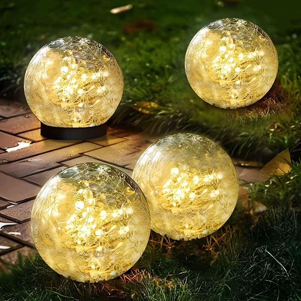 Solar Garden Lights Cracked Glass Globe Stakes, IP44 in 2- or 4-Piece Sets with Warm White LEDs