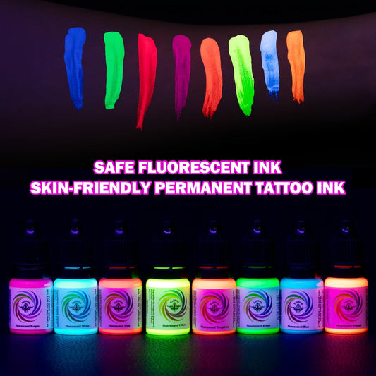 Tattoo Ink 8-Color UV Fluorescent Bottle Set with Violet and Neon Shades Shown Across the Gallery