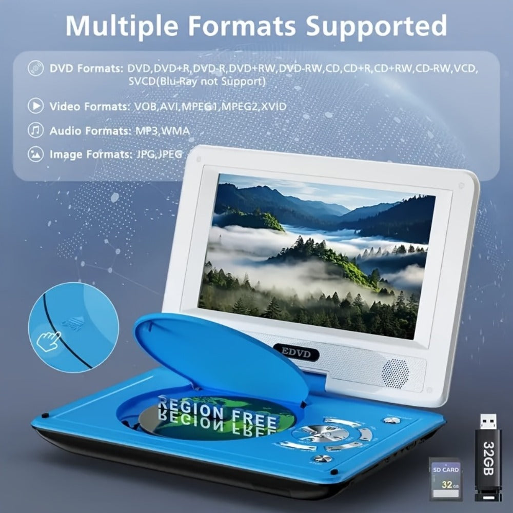 Portable DVD Player 9.5 Inch HD Swivel Screen, 270° Rotation 180° Flip, Dual Speakers, 3.5mm Earphone Jack, No Region Code, Multi-Format Playback, 5-Hour Rechargeable Battery for Car Travel Kids