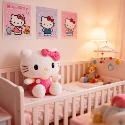 Plush Toy Bow-Wearing Cat Character Doll with Red, Pink or Blue Color Options and Soft Fabric