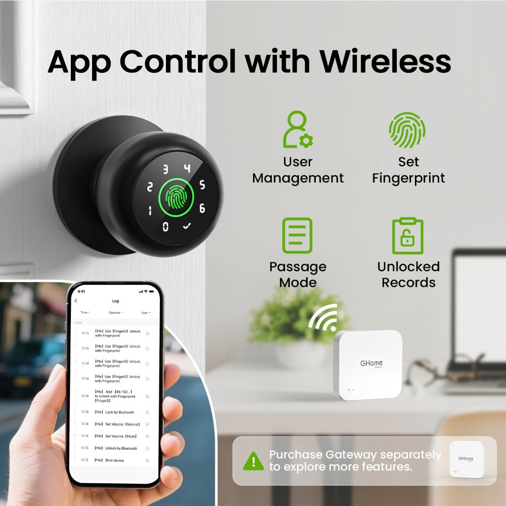 GHome Smart Lock Knob with Fingerprint & Keypad - USB-C Rechargeable, App-Controlled Keyless Entry, Auto-Lock, Passage & Privacy Mode, K10 / K10 PRO / K20 / KD03 PRO, for Home Bedroom Office