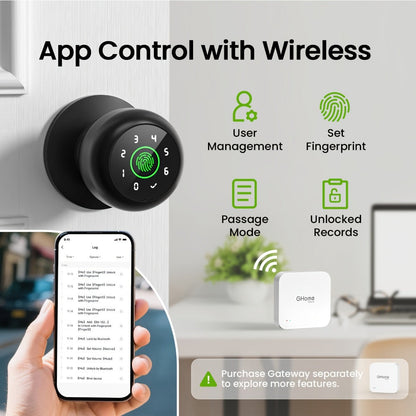 GHome Smart Lock Knob with Fingerprint & Keypad - USB-C Rechargeable, App-Controlled Keyless Entry, Auto-Lock, Passage & Privacy Mode, K10 / K10 PRO / K20 / KD03 PRO, for Home Bedroom Office