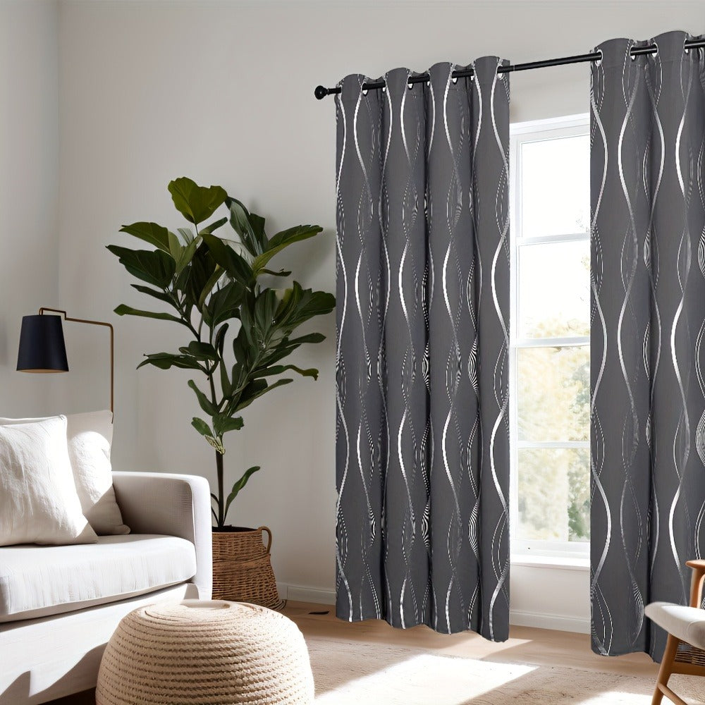 Two-Panel Wave-Line Foil Print Blackout Curtains in 10 Colors with 42- or 52-Inch Width Options