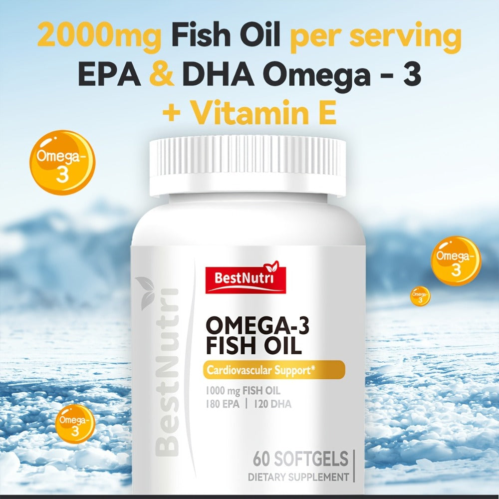 Omega-3 Fish Oil 2000mg Softgels with EPA & DHA — Cold-Extracted CGMP Certified | Brain Vitality Heart Health Anti-Inflammatory Support | For Adults & Young Adults | 60 or 90 Softgels