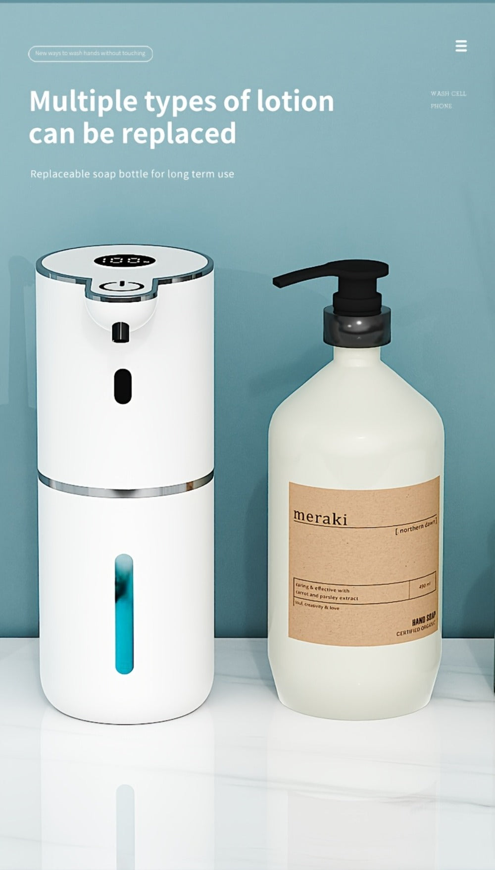 Rechargeable Touchless Foam Soap Dispenser with Six-Level Display, Countertop or Wall Mount in Black or White