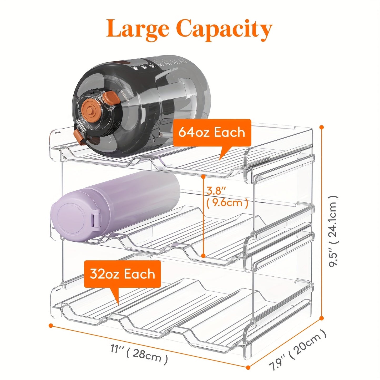 Water Bottle Rack Kitchen Organizer Stackable Plastic Holder with 5, 6, 8, 9, 11 or 12-Bottle Options