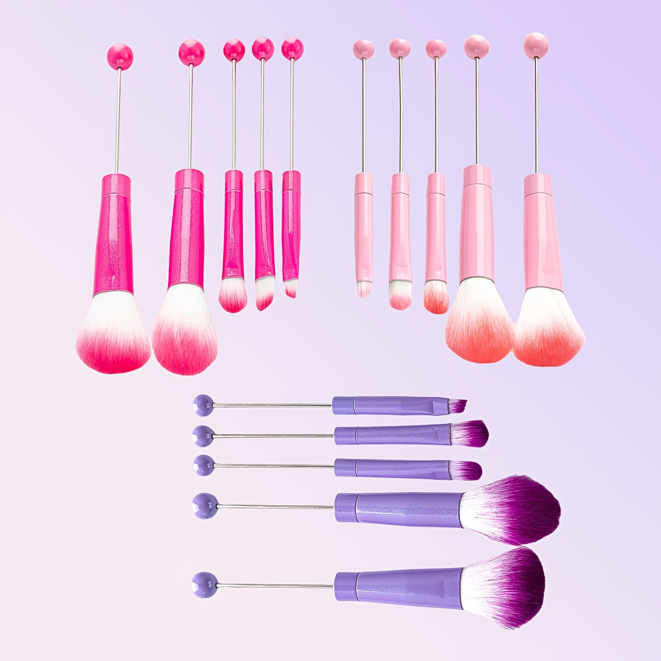 Makeup Brush Set, 15-Piece Bead-Ready Metal Handle Collection with Powder, Blush, Eyeshadow and Angled Brush Shapes