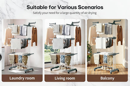 Four-Tier Foldable Metal Clothes Drying Rack with Casters for Up to 30 Garments and Small Spaces