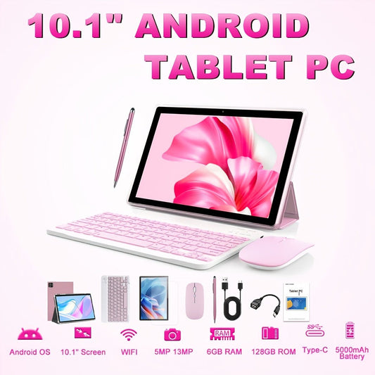 CRELANDER Android Tablet 10.1 Inch 2-in-1 with Keyboard & Mouse | 6GB RAM 128GB ROM, HD IPS Display, 5G Wi-Fi, GPS, Supports Calls, Dual Camera, Tablet PC for Work Travel Home