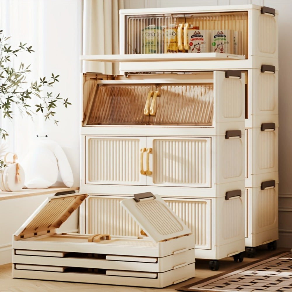 Foldable Plastic Storage Cabinet with Clear Ribbed Doors, Wheels and Large 1-, 3- or 5-Layer Options