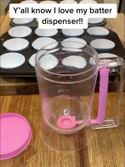 Handheld Pancake Batter Dispenser with Graduated Cup, Bottom Valve and White Cleaning Brush