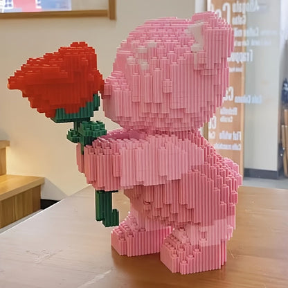 Rose Bear Building Blocks Set 4051 Pieces – Romantic Bear Holding Rose Brick Model Kit High-Difficulty Display Build, Unique Valentine's Day Anniversary Birthday Gift for Girlfriend Wife