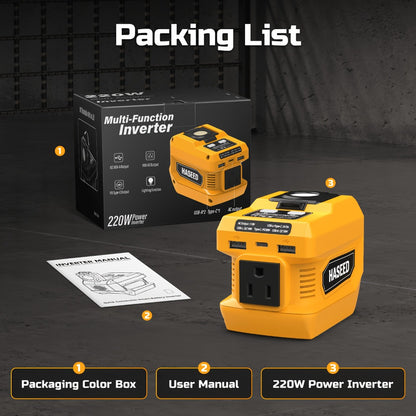 Portable Power Inverter 200W - DeWalt 20V Battery Compatible, DC to AC 110V, 2 USB + Type-C Fast Charging, 400LM Work Light, for Car, Camping & Outdoor Use