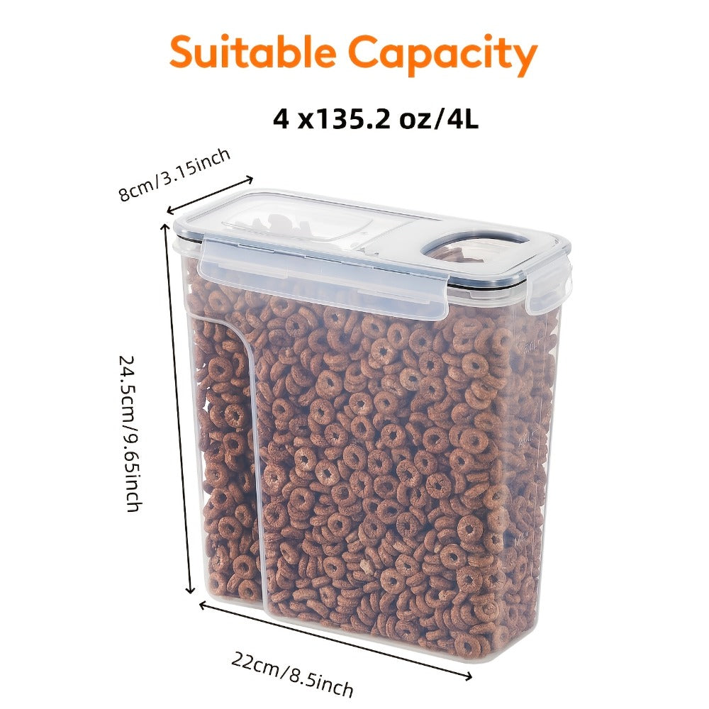 Food Storage Containers Four-Piece Clear Cereal Canister Set with Clip-On Lids and 4-Liter Capacity Each