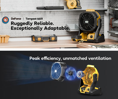 Cordless Jobsite Fan Compatible with DeWalt 20V Max Battery, LED Light Auto Oscillating 180° Tilt Adjustable Speed, Portable Battery Powered Fan with Hanging Hook for Camping, Garage and RV