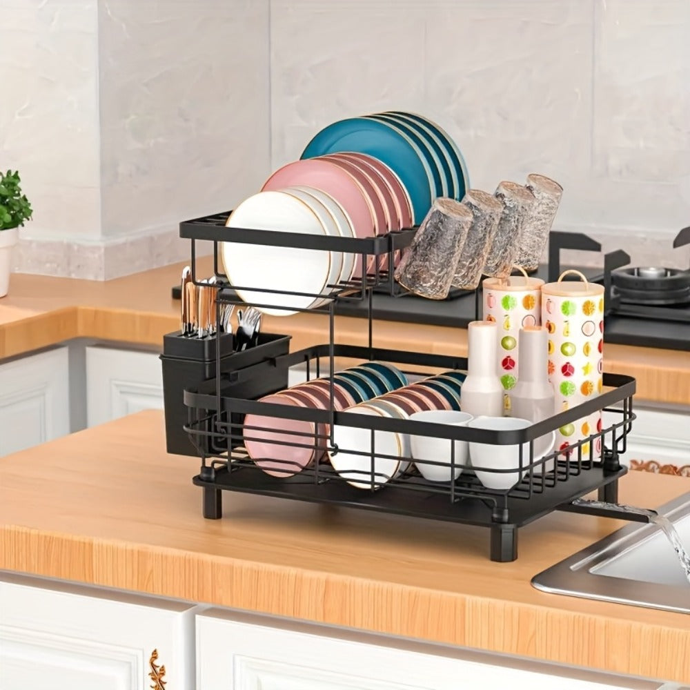 Dish Drying Rack Kitchen Organizer with Two Tiers, Drain Board, Utensil Cup and Three Color Options