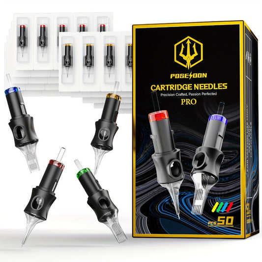 Tattoo Cartridge Needles 50pcs Mixed Size – POSEIDON V5 Disposable Round Liner, Shader & Curved Needles (5RL 7RL 9RL 5RS 7RS 9RS 7RM 7M1 15M1 15RM) with Safety Membrane