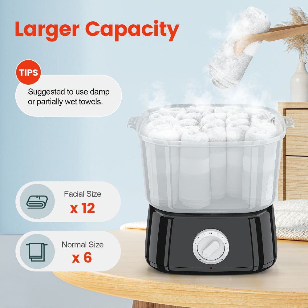 Compact Countertop Towel Steamer with Rotary Control, Black or White Base and Removable Clear Container