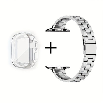Slim Waist Apple Watch Steel Band & Half Shell Case 3-Piece Set – 2 Stainless Steel Bands + Protective Case Compatible with Apple Watch Series 1–9 SE Ultra 38 40 41 42 44 45 49mm – Gold Silver Rose Black