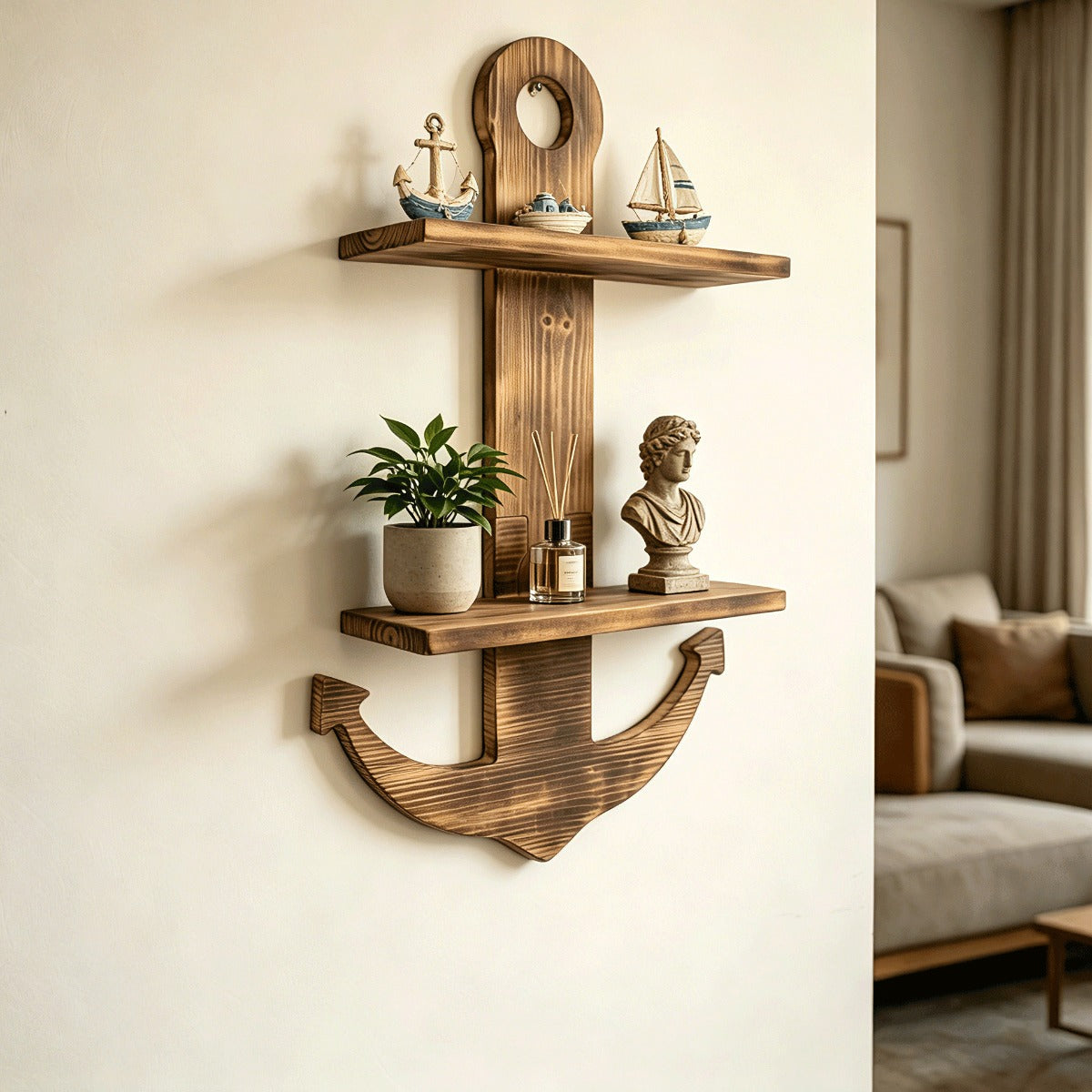 Floating Wall Shelves Solid Wood 2-Tier Nautical Anchor Shelf Handcrafted Heavy Duty Wall Mounted Organizer for Bedroom Living Room Bathroom Lake House