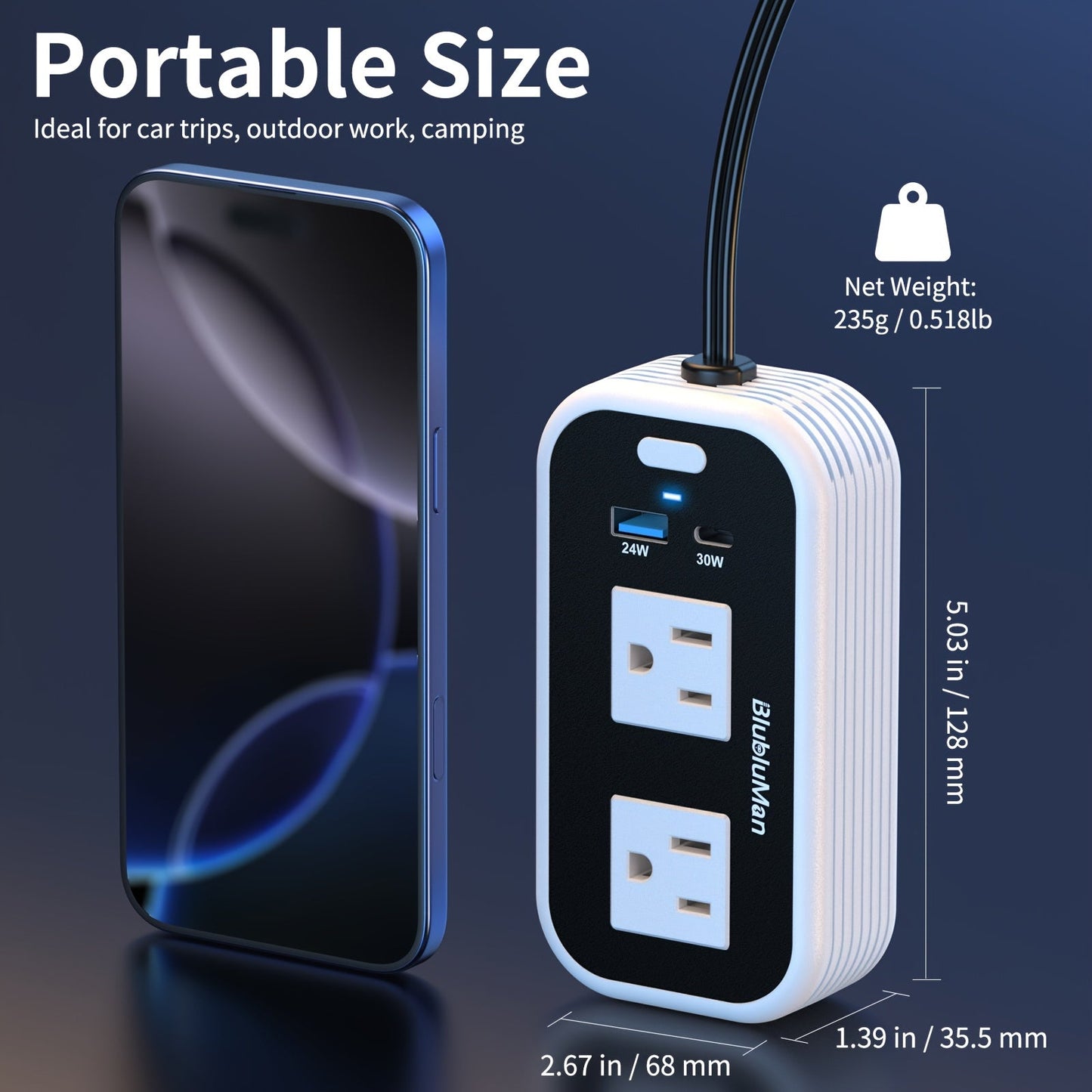 White-and-Black 200W Car Power Inverter with Two AC Outlets, 30W PD USB-C and 24W QC3.0 Ports