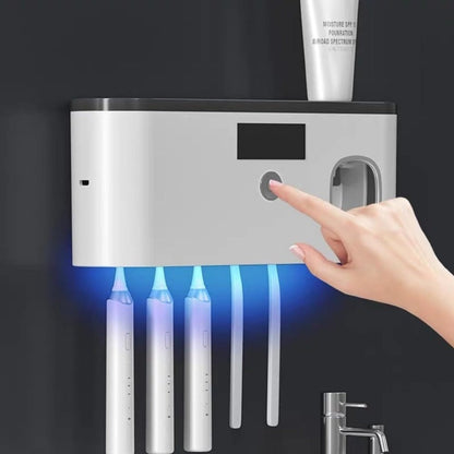 Five-Slot Gray Wall-Mounted Toothbrush Holder with Toothpaste Dispenser, Top Shelf and Display