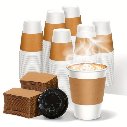 Disposable Paper Coffee Cups with Lids and Sleeves 12oz – Leak-Proof To-Go Hot Coffee Cups with Insulated Sleeve for Home, Office, Party & Coffee Bar | 50 or 100 Pack