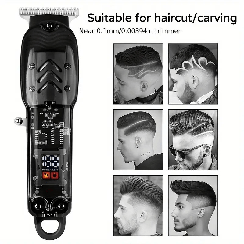 Hair Clipper Transparent-Shell Cordless Trimmer with LED Battery Display, USB Charging and Five Colors