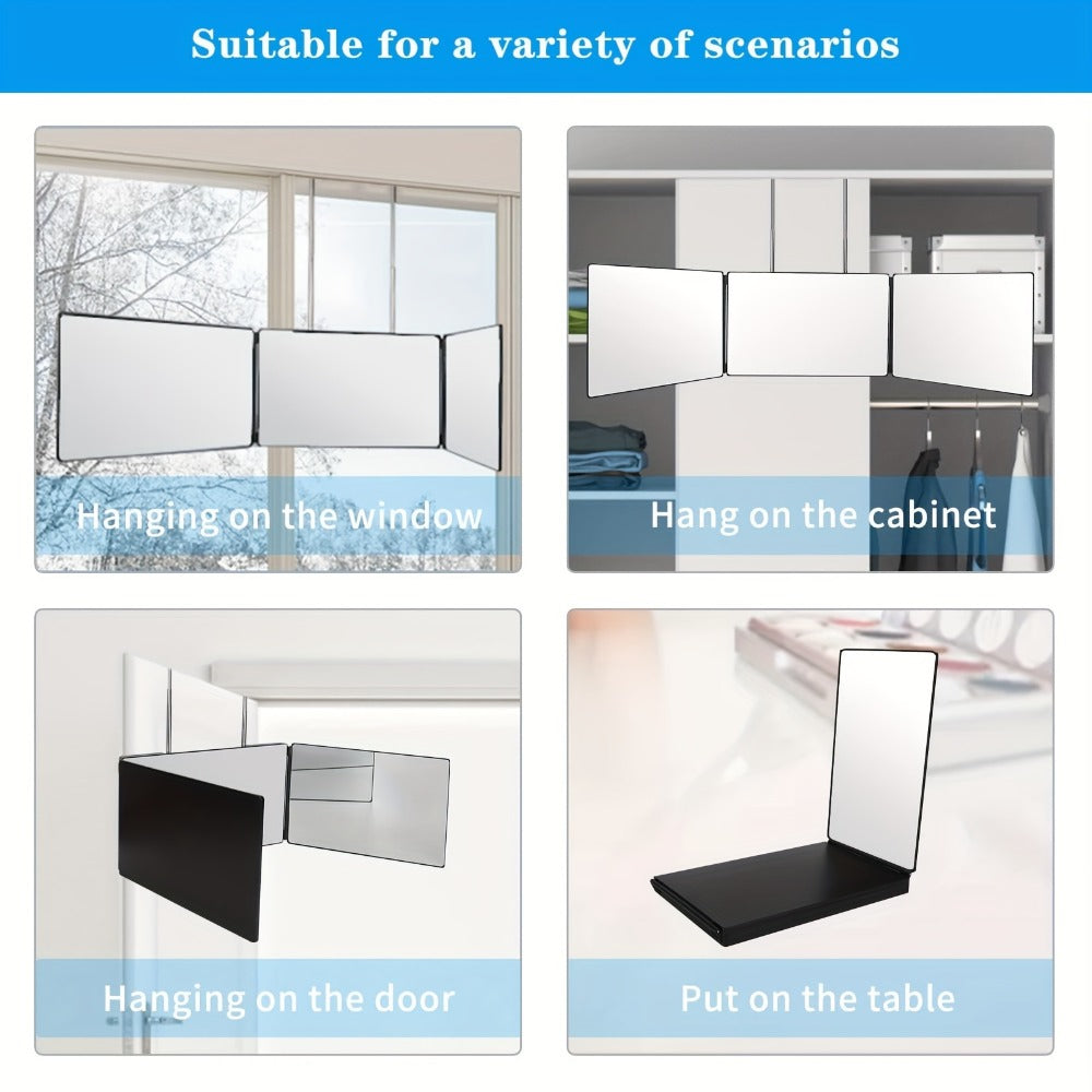 3 Way Mirror for Self Hair Cutting, 360° View Hair Cut Mirror to See Back of Head Height-Adjustable Hook Door Wall Table Mount Anti-Fog HD Glass Optional LED Light for Men Women DIY Home Barber