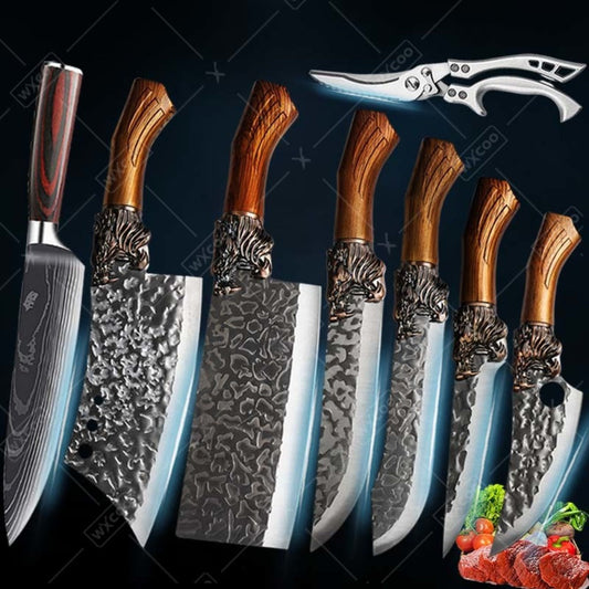 Kitchen Knife Set 8-Piece 5Cr15MoV Stainless Steel with Hammered Blades, Wood-Style Handles and Shears Options
