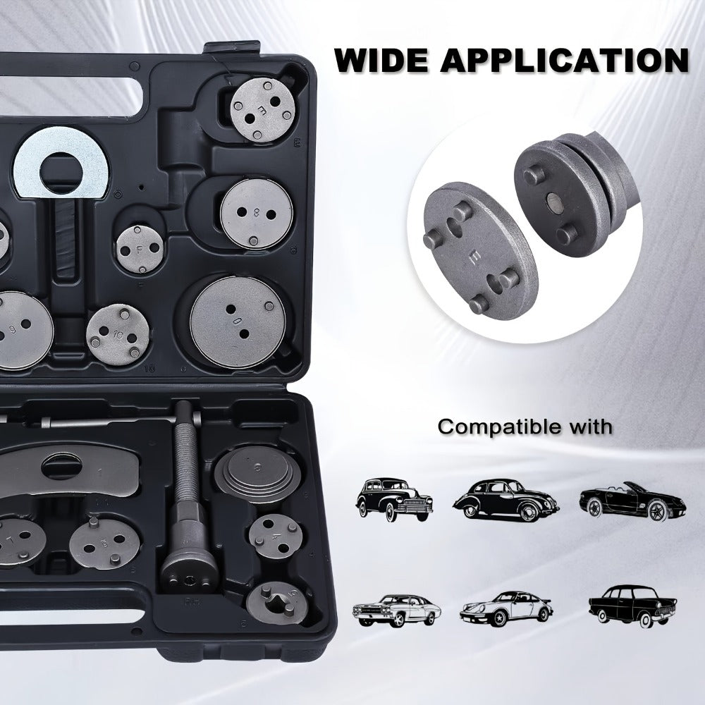 Brake Caliper Wind Back Tool Kit 26-Piece – Brake Caliper Compression Tool Set with 18 Disc Adapters, Thrust Bolt Assemblies, Retaining Plates & Caliper Hangers | Carbon Steel, Blue Case