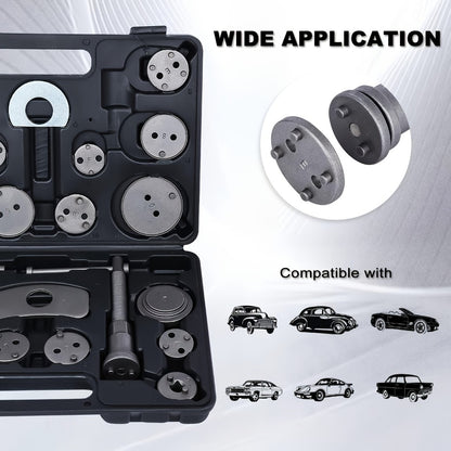 Brake Caliper Wind Back Tool Kit 26-Piece – Brake Caliper Compression Tool Set with 18 Disc Adapters, Thrust Bolt Assemblies, Retaining Plates & Caliper Hangers | Carbon Steel, Blue Case