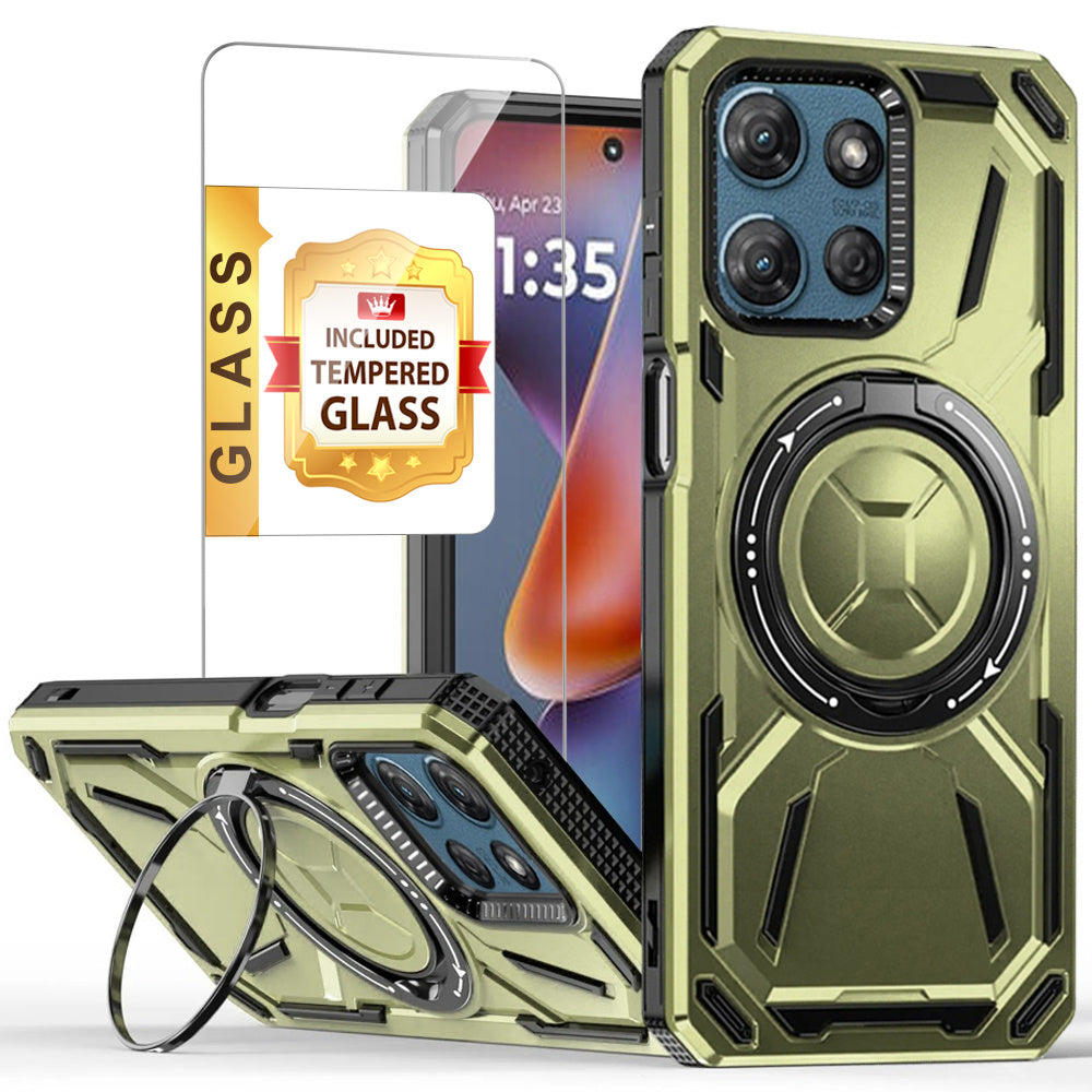 Phone Case Ring Stand Cover with Tempered Glass Protector for Moto G Power 5G 2025 in Five Colors