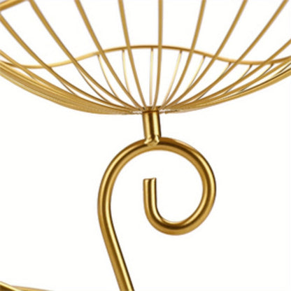 Three-Tier Golden Metal Wire Fruit Basket Stand with Lotus-Leaf Bowls, 46.5 cm Wide Countertop Design