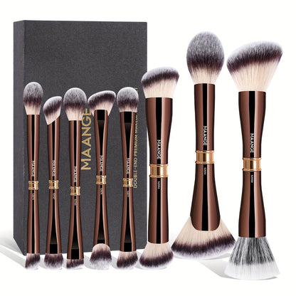 Double-Ended Makeup Brush Set 8-Piece with Storage Box – Premium Aluminum Alloy Handle, 16 Brush Heads for Foundation Blush Contour, Travel-Ready Gift for Women