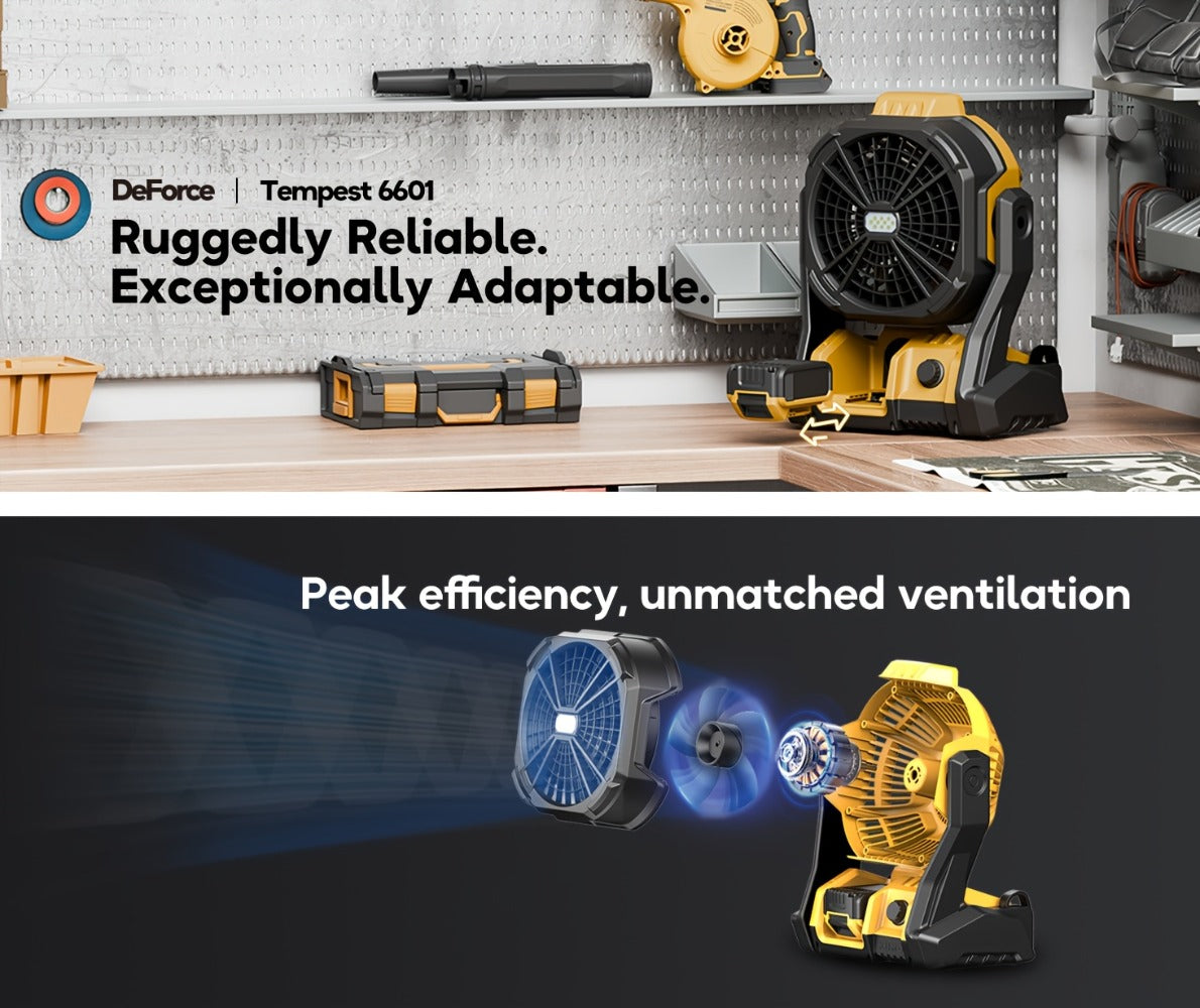 Yellow Cordless Work Fan for Select DeWalt 20V Max Batteries with LED Light, Hanging Hook and Adjustable Tilt, Battery Not Included